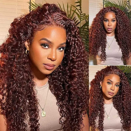 Alibonnie #33 Reddish Brown Color Wigs 4x6 Glueless Transparent Lace Curly Wigs Human Hair With Pre Cut - Alibonnie