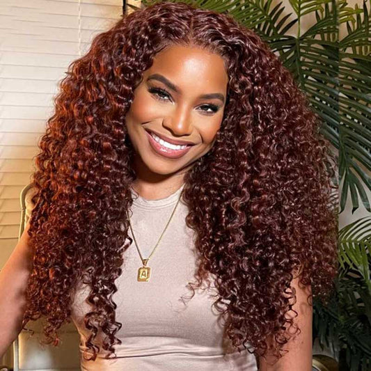 Alibonnie #33 Reddish Brown Color Wigs 4x6 Glueless Transparent Lace Curly Wigs Human Hair With Pre Cut - Alibonnie