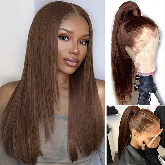 Alibonnie #4 Dark Brown Straight Layered Cut Human Hair 360 Transparent Lace Human Hair Wigs - Alibonnie
