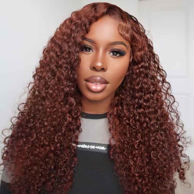 Alibonnie 5X8 Reddish Brown Pre Cut Jerry Curly Wigs Glueless Human Hair Curly Wigs With Bleached Knots - Alibonnie