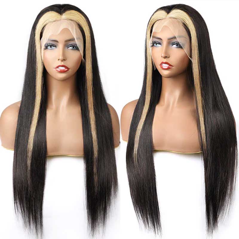 Alibonnie 613 Blonde Skunk Stripe Straight Wigs 13x4 Transparent Lace Wigs Pre Plucked 200% Density - Alibonnie