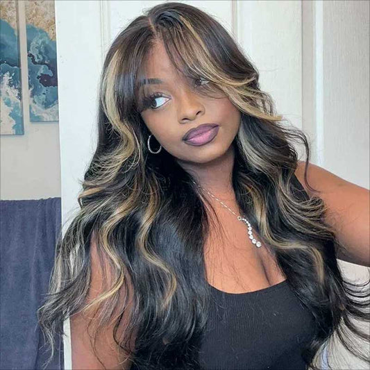 Alibonnie Balayage Highlight Colored Curtain Bangs 13x4 Transparent Lace Body Wave Wigs Pre Plucked Human Hair Wigs - Alibonnie