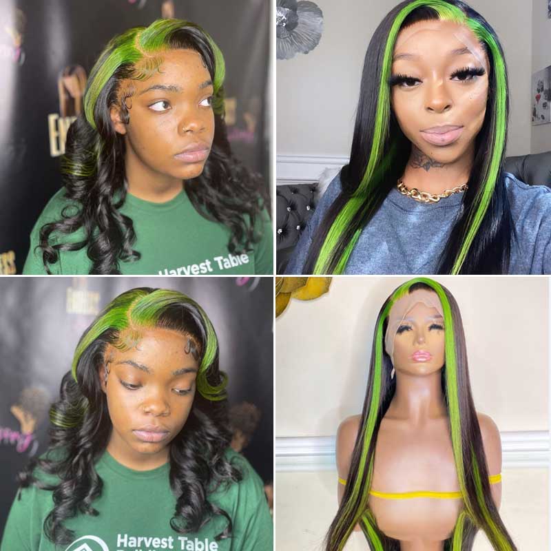 Alibonnie Black With Green Color Skunk Stripe Body Wave Wigs 13x4 Highlights Lace Front Human Hair Wigs 200% Density - Alibonnie