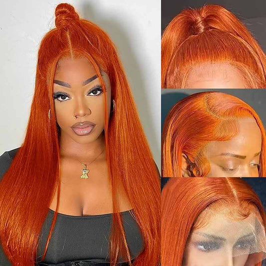 Alibonnie Ginger Orange Straight 360 Transparent Lace Frontal Wig Human Hair Wigs With Pre Plucked - Alibonnie