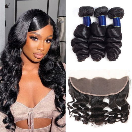 Alibonnie Loose Wave Brazilian 13x4 Lace Frontal Closure With 3 Bundles Hair - Alibonnie