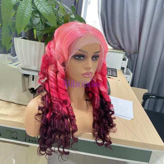 Alibonnie Pink Ombre Wigs Three Colors Mixed Romance Curly 13x4 Lace Front Wigs 180% Density - Alibonnie