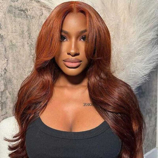 Alibonnie Reddish Brown Curtain Bangs 13x4 Lace Front Wig Pre Plucked Body Wave/Straight Human Hair Wigs - Alibonnie
