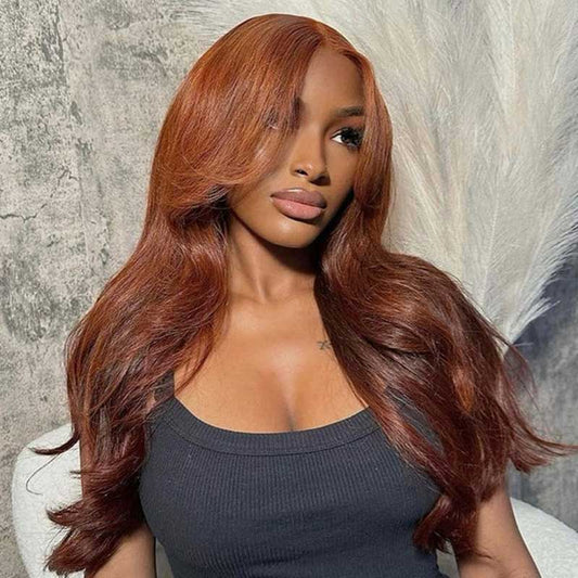 Alibonnie Reddish Brown Curtain Bangs 13x4 Lace Front Wig Pre Plucked Body Wave/Straight Human Hair Wigs - Alibonnie