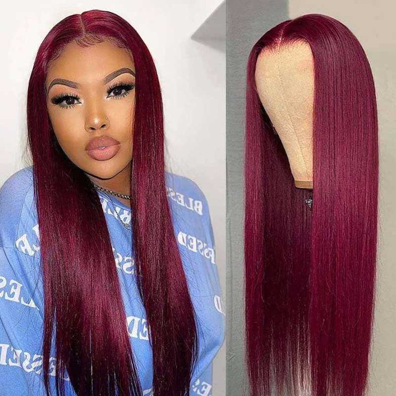 Best Precolored 99J Silk Straight Burgundy Lace Front Wig Human Hair - Alibonnie
