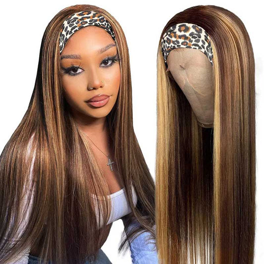 Color 4/30 Highlight Straight Headband Wig Human Hair Wigs For Black Women Brazilian Virgin Hair Glueless Scarf Wig - Alibonnie