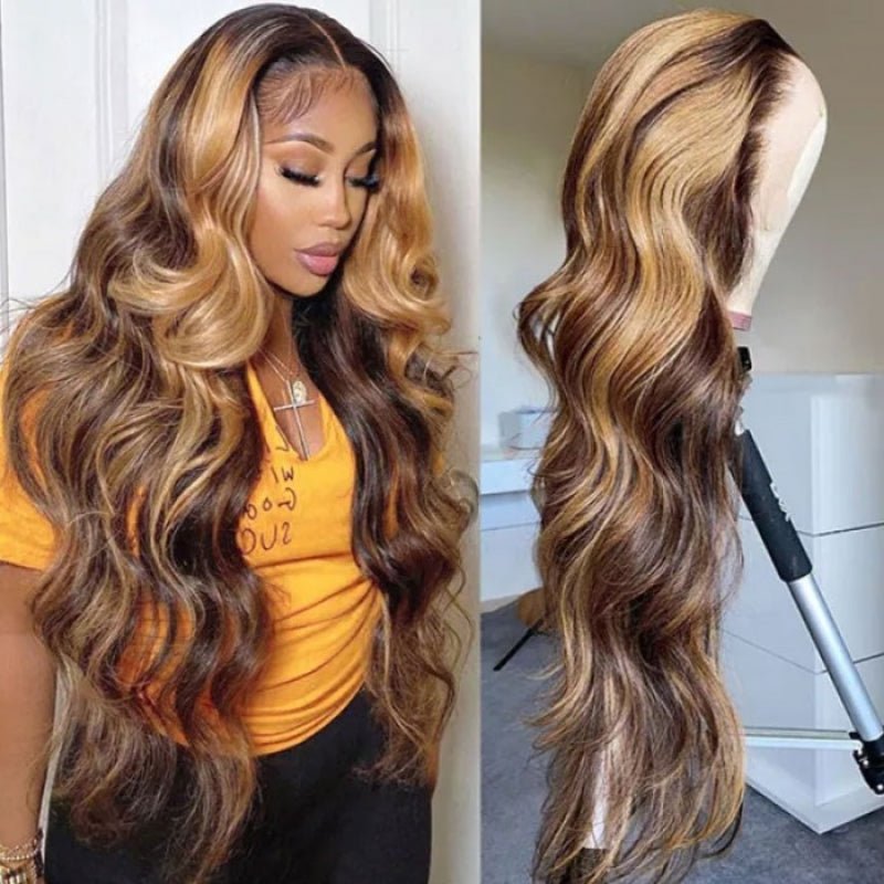 Honey Blonde Highlight Body Wave 13x4 Lace Front Wigs 100% Virgin Human Hair Wigs - Alibonnie