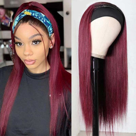 Straight Hair Headband Wigs Color 99J Burgundy Human Hair Glueless Wigs - Alibonnie