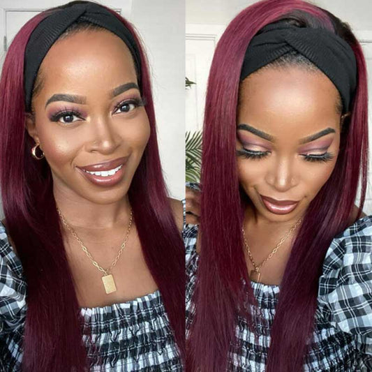 Straight Hair Headband Wigs Color 99J Burgundy Human Hair Glueless Wigs - Alibonnie