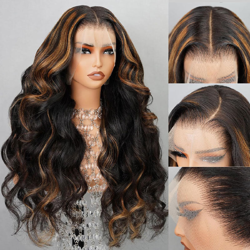 Alibonnie 1B/30 Highlight Straight/Body Wave Invisible Strap Cozy Fit 360 Transparent Lace Wig Bleached Knots Human Hair Wigs