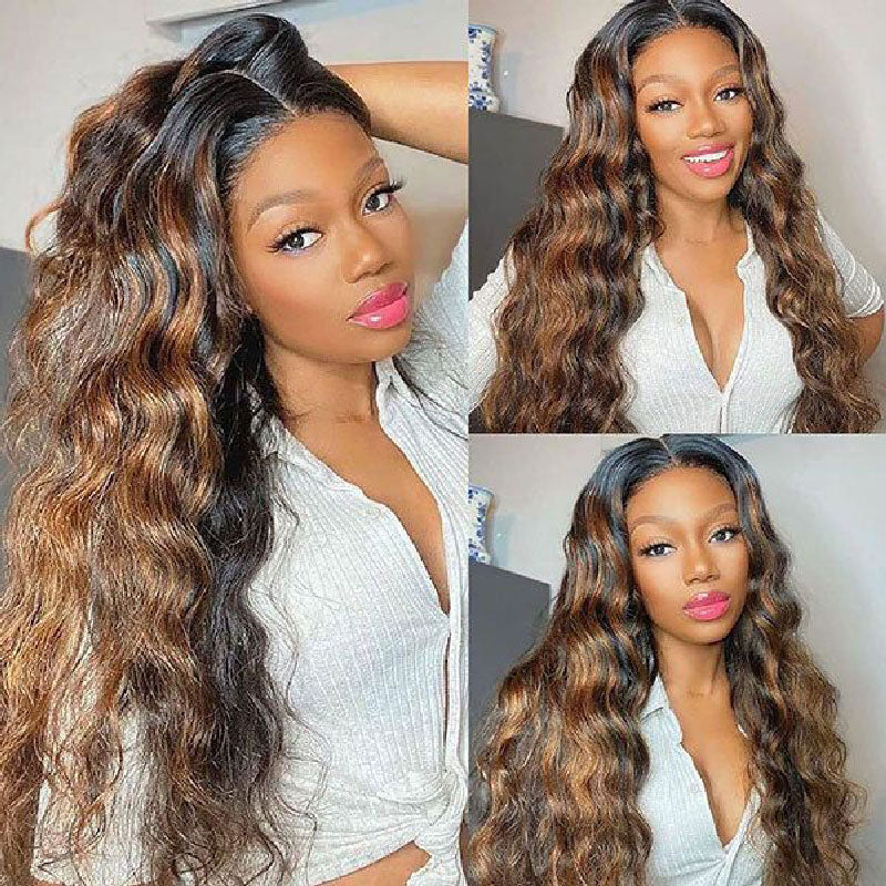 Alibonnie 1B/30 Highlight Straight/Body Wave Invisible Strap Cozy Fit 360 Transparent Lace Wig Bleached Knots Human Hair Wigs
