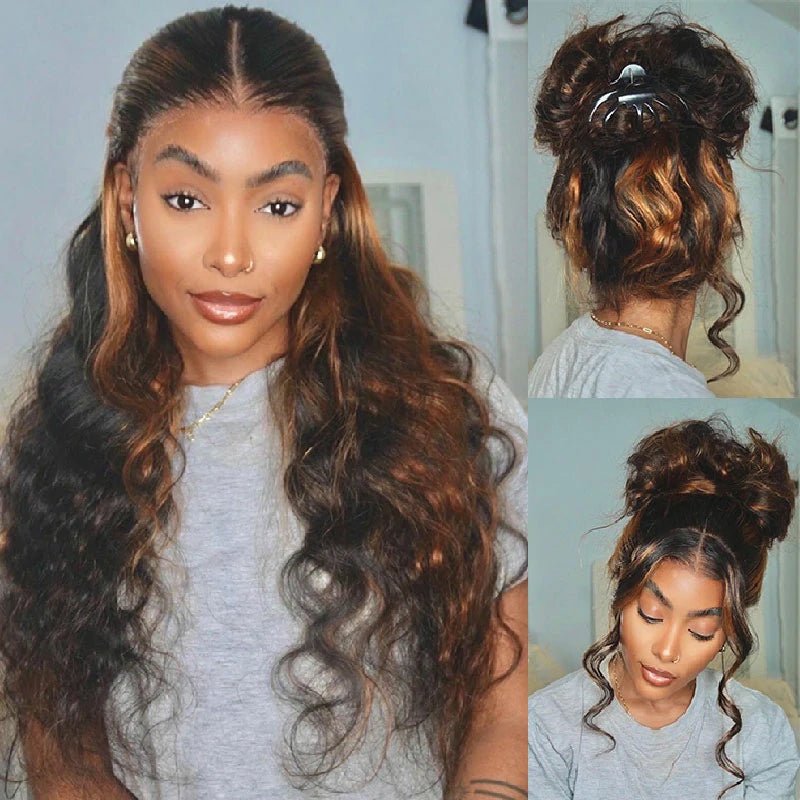 Alibonnie 1B/30 Highlight Straight/Body Wave Invisible Strap Cozy Fit 360 Transparent Lace Wig Bleached Knots Human Hair Wigs - Alibonnie