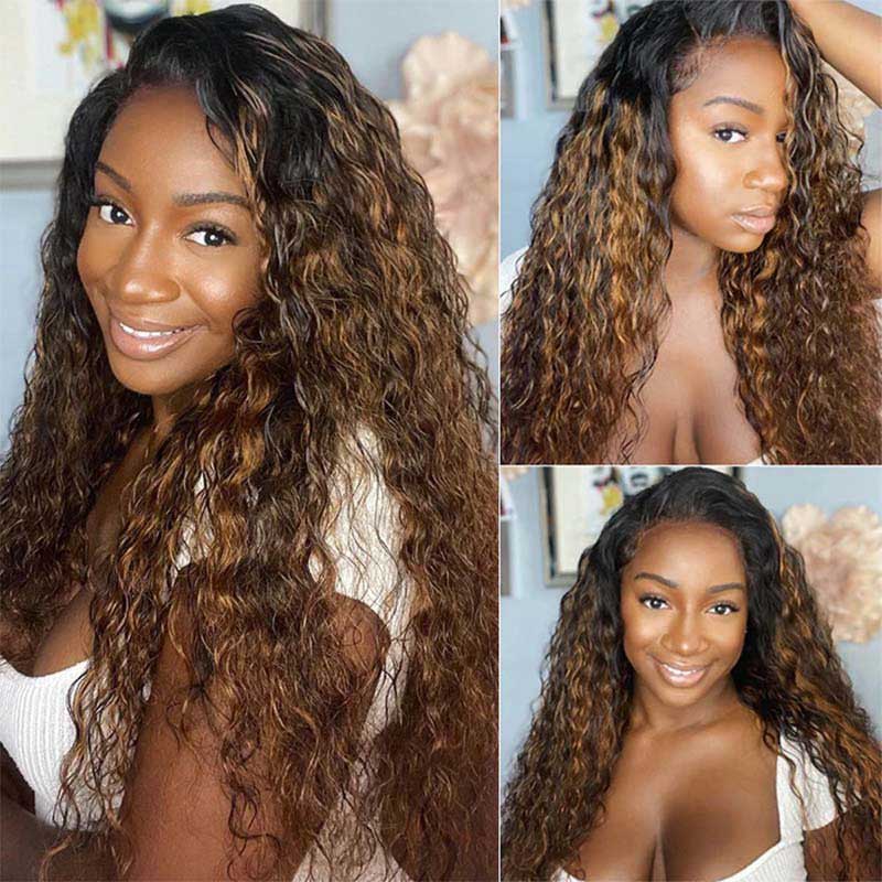 Alibonnie Brown Black Color 360 Lace Water Wave Wigs 1B/30 Highlight Transparent Wigs Human Hair Colored Wigs