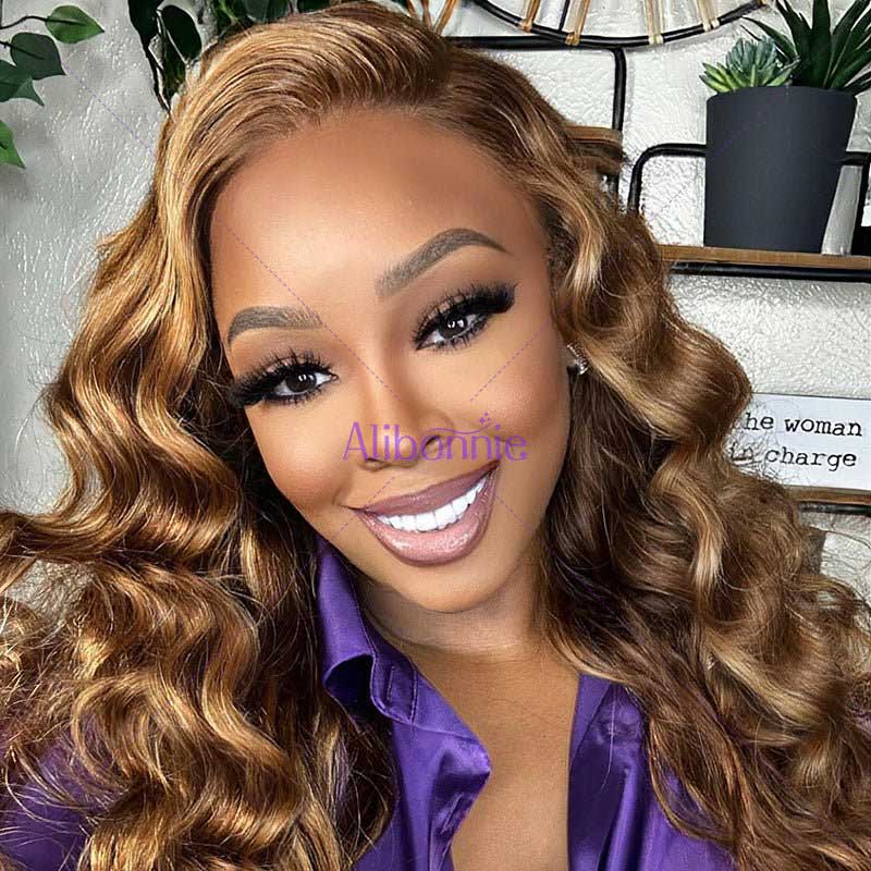 Alibonnie Colored 4/27 Highlight Body Wave Human Hair Transparent 360 Lace Frontal Wigs