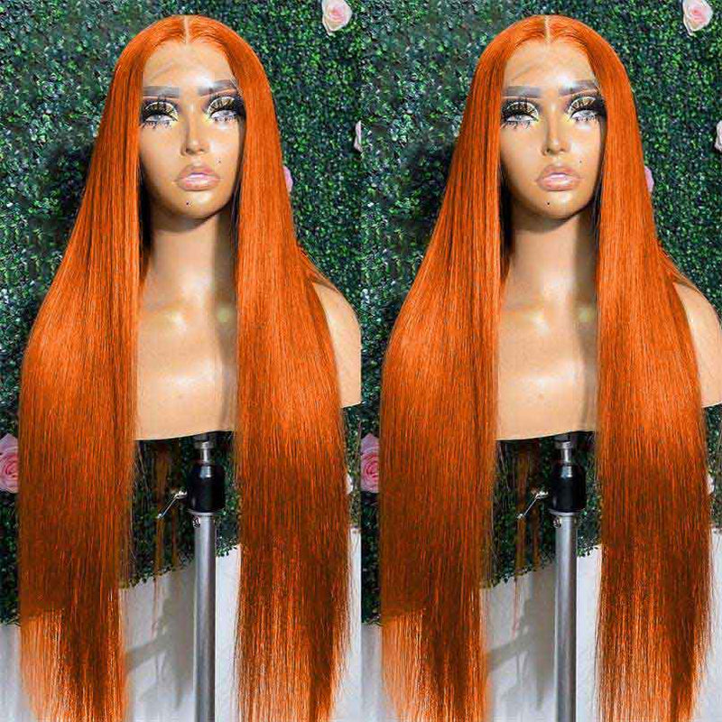 Alibonnie Ginger Orange Color Straight 13x4 Transparent Lace Front Wig Natural Hairline With Baby Hair 180% Density