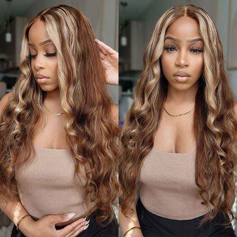 Alibonnie Glueless Pre Cut 4/27 Blonde Highlight 4x6 Transparent Lace Wigs Body Wave Human Hair Wigs Wear And Go - Alibonnie