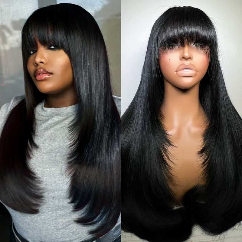 Alibonnie Layered Cut With Bang 13x4 Tranpsarent Lace Silky Straight Wig 180% Density - Alibonnie