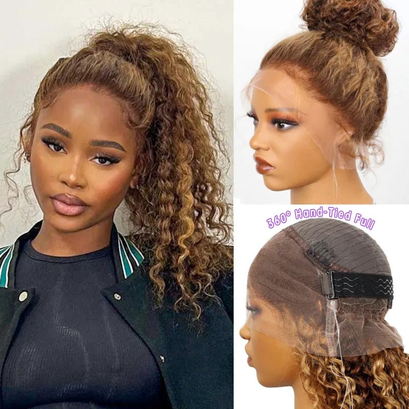 Alibonnie Upgraded 4/27 Highlight Water Wave Wigs Invisible Adjustable Strap Cozy Fit 360 Lace Wig With Bleached Knots 200% Density - Alibonnie