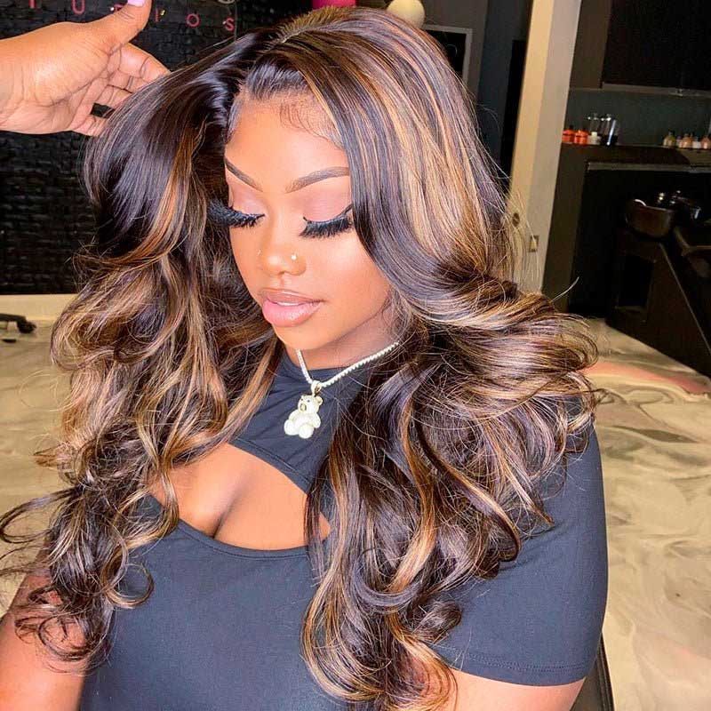 Brown Highlight Brazilian Body Wave Lace Front Human Hair Wigs For Black Women Pre plucked - Alibonnie