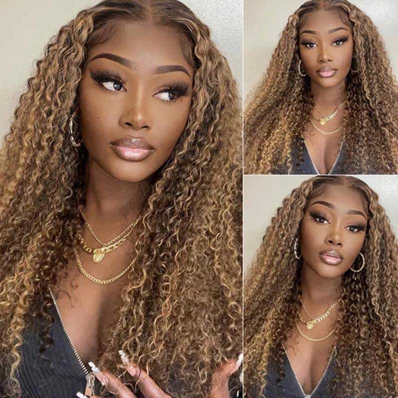 Alibonnie Honey Blond Highlight Piano Color 13*4 Lace Front Wigs Jerry Curly Wigs With Baby Hair