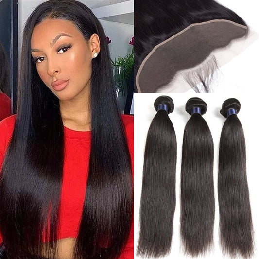 Alibonnie 12A Virgin Hair Straight 3 Bundles With 13x4 Transparent Lace Frontal - Alibonnie