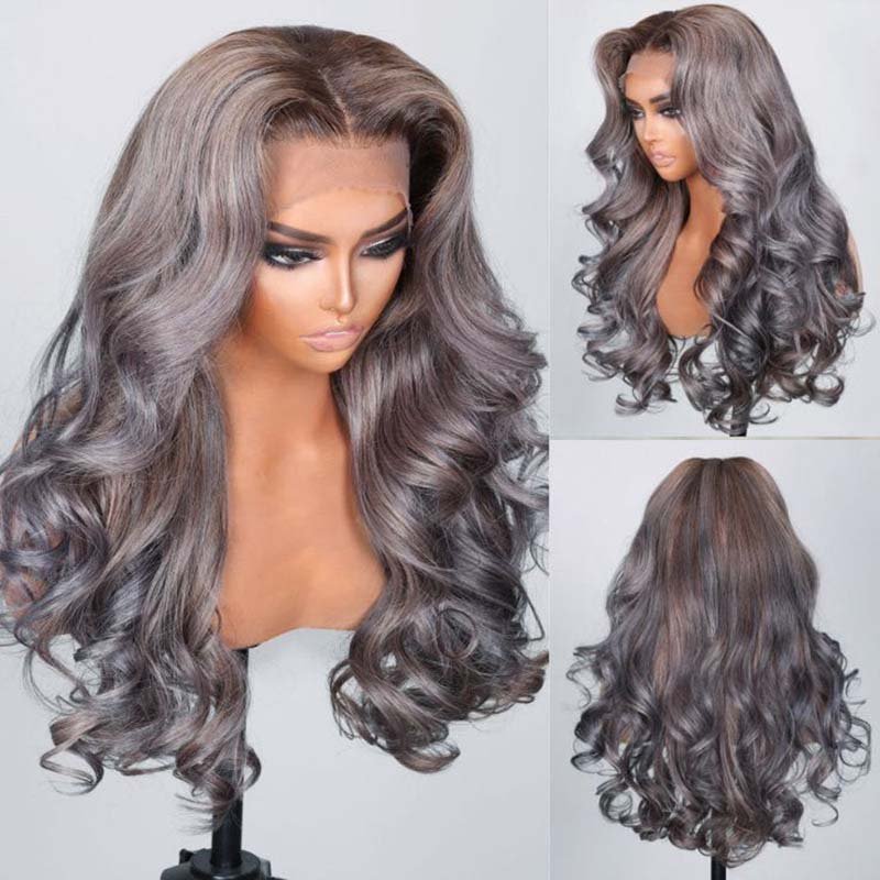 Alibonnie 13x4 Lace Front Ash Violet With Brown Roots Highlights Multicolor Body Wave Wigs - Alibonnie