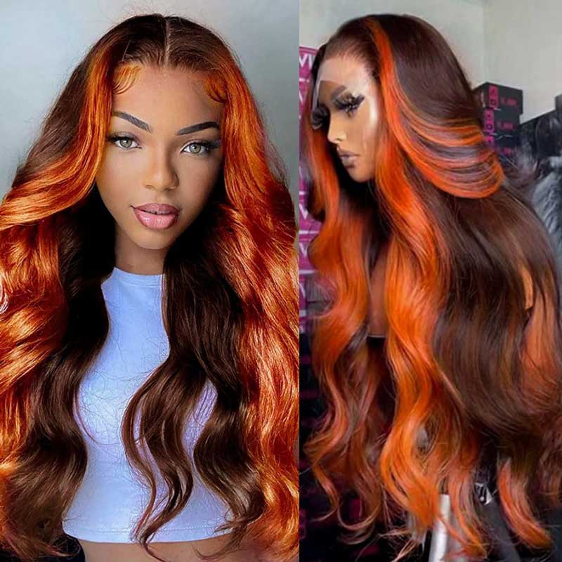 Alibonnie 13x6 Lace Front Ginger Highlight Body Wave Human Hair Transparent Lace Wigs - Alibonnie