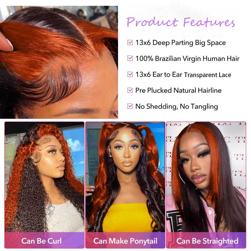 Alibonnie 13x6 Lace Front Ginger Highlight Body Wave Human Hair Transparent Lace Wigs - Alibonnie