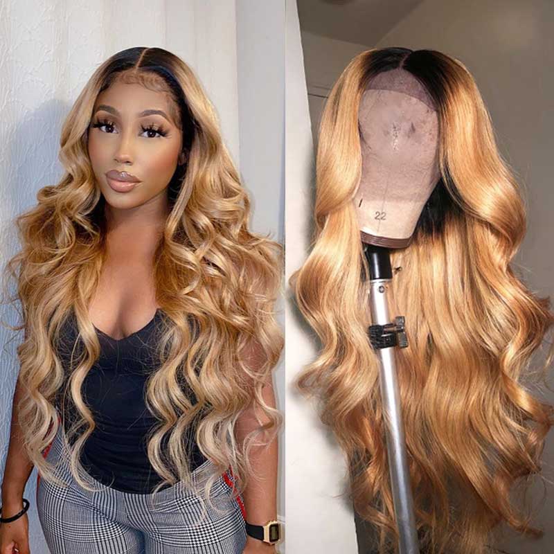 Alibonnie 1B/27 Honey Blonde Body Wave Full Lace Wigs Ombre Color Transparent Lace Wigs 180% Density - Alibonnie