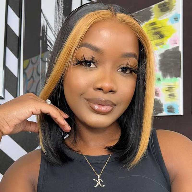 Alibonnie 1B/27 Skunk Stripe Bob Straight Wigs Human Hair 4x4 13x4 Lace Highlight Wigs - Alibonnie