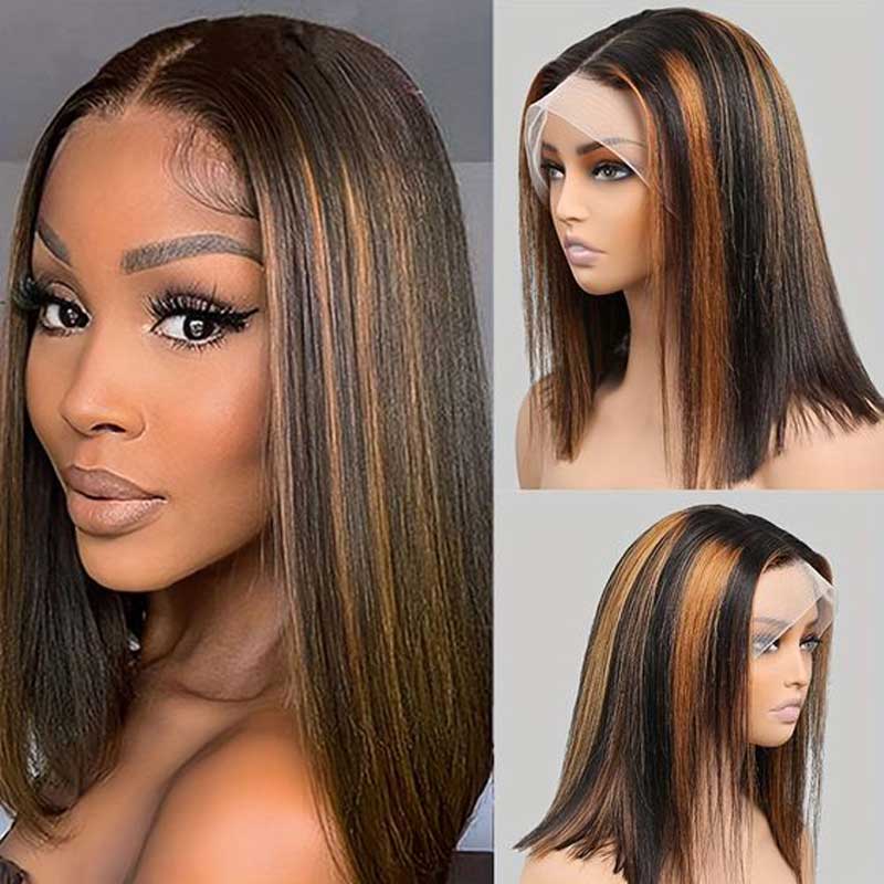 #4/27 Highlight Bob Wigs Straight Hair 4x4 Lace Front Human Hair Wigs ...