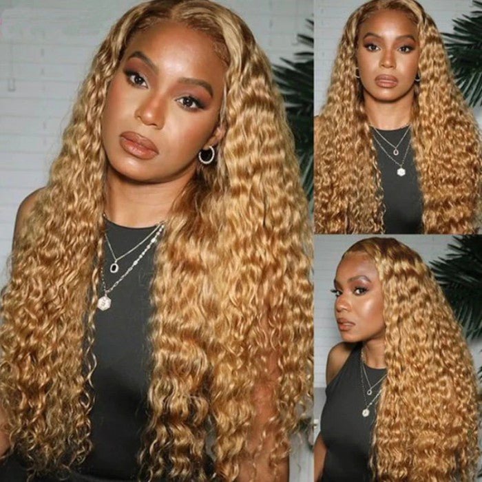 Alibonnie #27 Honey Blonde Color Water Wave 13×4 Transparent Lace Front Wig Pre Plucked - Alibonnie