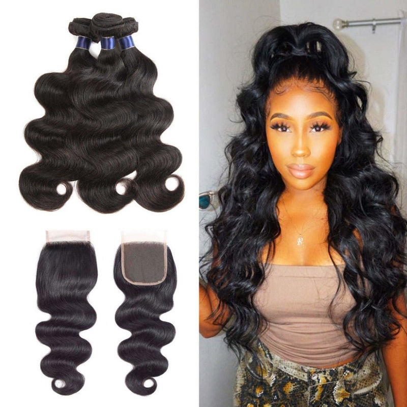 Alibonnie 3 Bundles With 4x4 Transparent Lace Closure Body Wave Human Hair - Alibonnie