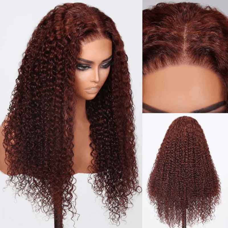Alibonnie #33 Reddish Brown Color Wigs 4x6 Glueless Transparent Lace Curly Wigs Human Hair With Pre Cut - Alibonnie
