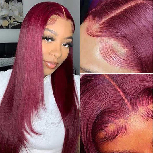 Alibonnie 360 Transparent Lace Front Burgundy Layered Cut Straight Wigs 99J Colored Human Hair Wigs - Alibonnie