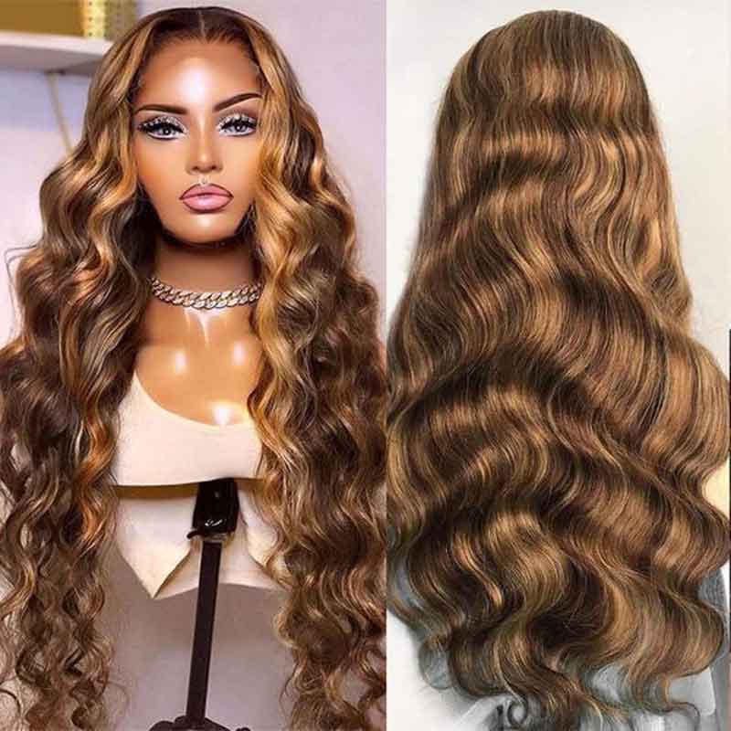 Alibonnie 4/27 Honey Blonde Highlight Body Wave Wig 5x8 Pre Cut Lace Wigs Glueless Wigs With Bleached Knots - Alibonnie