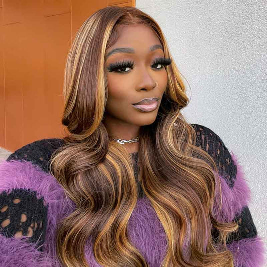 Alibonnie 4/27 Honey Blonde Highlight Body Wave Wig 5x8 Pre Cut Lace Wigs Glueless Wigs With Bleached Knots - Alibonnie