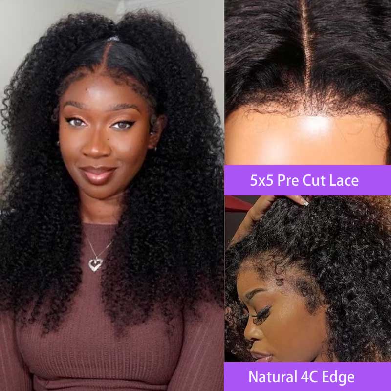 Alibonnie 4C Edges No Glue 5x5 Kinky Curly Wigs Natural Hairline Human Hair Wigs 180% Density - Alibonnie