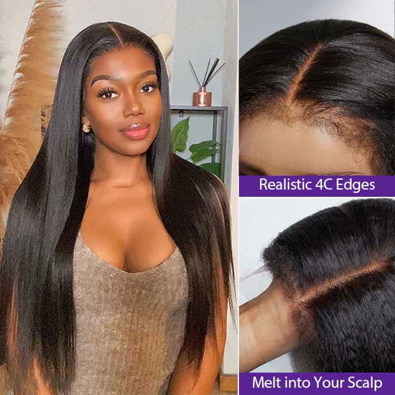 Alibonnie 4C Edges Yaki Straight Glueless Wigs 5x5 Transparent Lace Frontal Wig With Nature Hairline - Alibonnie