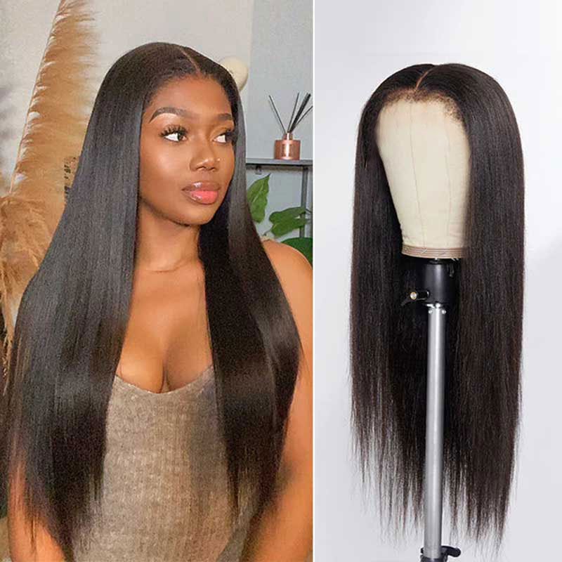 Alibonnie 4C Edges Yaki Straight Glueless Wigs 5x5 Transparent Lace Frontal Wig With Nature Hairline - Alibonnie