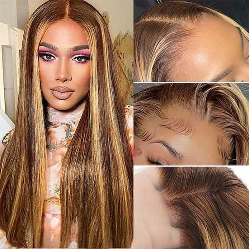 Alibonnie 4x6 Lace Closure Glueless Wigs 4/27 Highlight Silky Straight Wigs Pre Cut Lace With Bleached Knots - Alibonnie