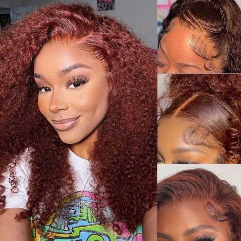 Alibonnie 4x6 Pre-Cut Lace Wear & Go Wigs Reddish Brown Kinky Curly Human Hair Wigs Pre Plucked & Bleached Knots - Alibonnie