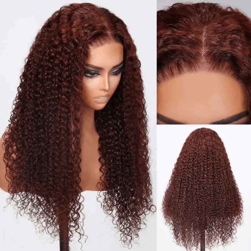 Alibonnie 5X8 Reddish Brown Pre Cut Jerry Curly Wigs Glueless Human Hair Curly Wigs With Bleached Knots - Alibonnie