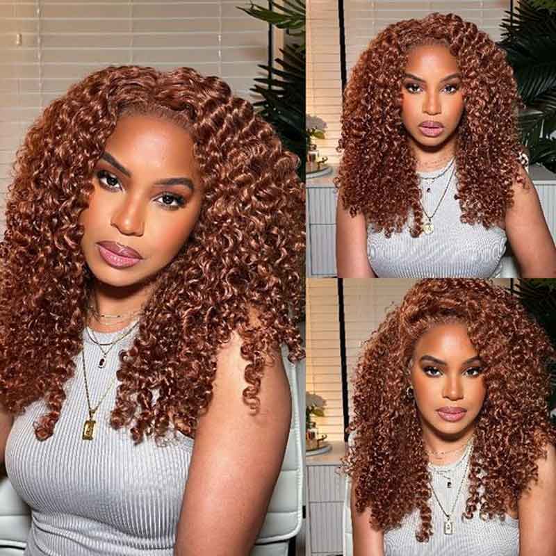 Alibonnie 5X8 Reddish Brown Pre Cut Jerry Curly Wigs Glueless Human Hair Curly Wigs With Bleached Knots - Alibonnie