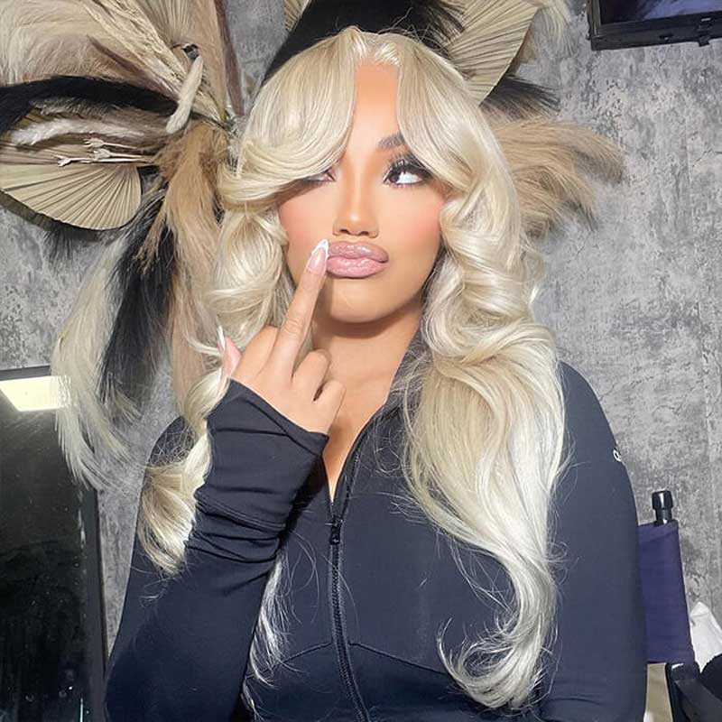 Alibonnie #613 Blonde Curtain Bangs Body Wave Wig Pre Plucked 13x4 Transparent Lace Human Hair Wigs - Alibonnie