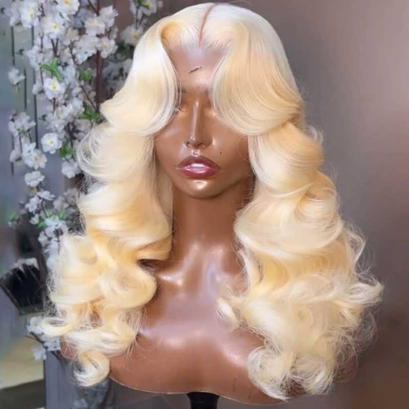 Alibonnie #613 Blonde Curtain Bangs Body Wave Wig Pre Plucked 13x4 Transparent Lace Human Hair Wigs - Alibonnie